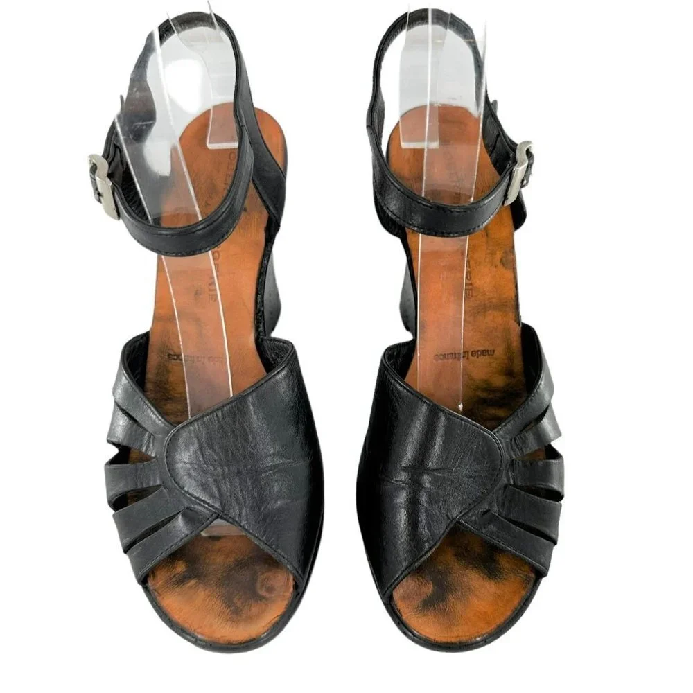 Robert Clergerie Black Leather Ankle Strap Peep Toe Wedge Heels Size 6.5